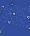 Vector image, many different types of working-type icons in blue connected to one another via lines