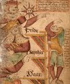 An old drawing showing two people on the left pointing on the person to the right 