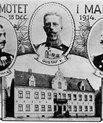 A photo card with the words 'Kungamötet i Malmö 18 Dec 1914' which means The Kings' meeting. There are three portraits next to each other of each the Kings along with their names. At the bottom, you can see the building in which they met.